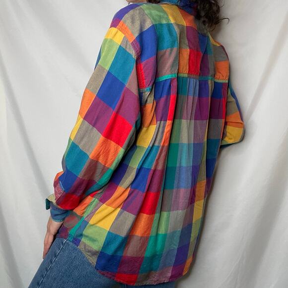 SOLD Vintage lizwear rainbow plaid checkered shirt long sleeve button-down M - Picture 3 of 17